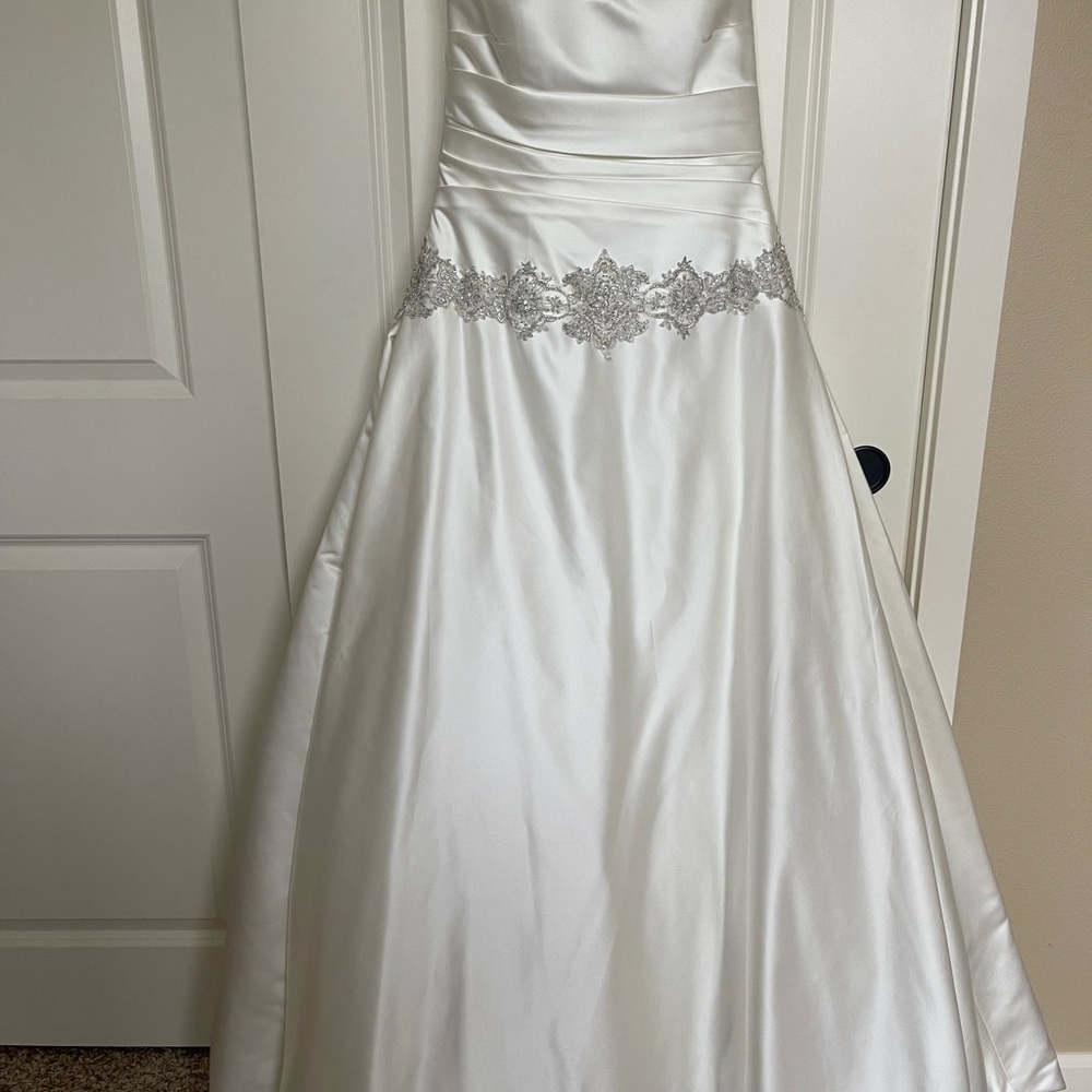 David's Bridal White Wedding Dress with Silver Accents